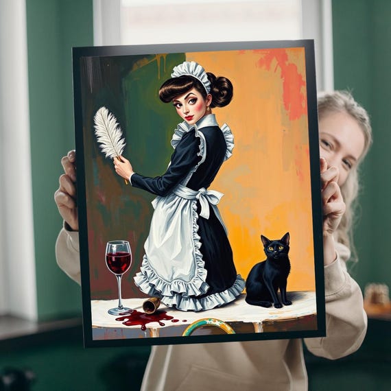 Vintage Maid Feather Duster Black Cat Retro Fun Gift Decor Poster