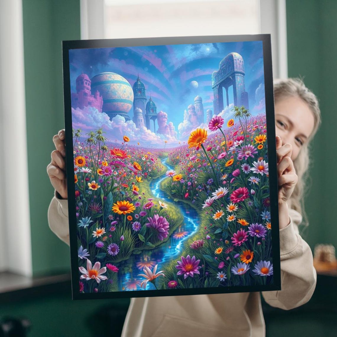 Dreamy Fantasy Flower Valley River Stream Castle Towers Art Print