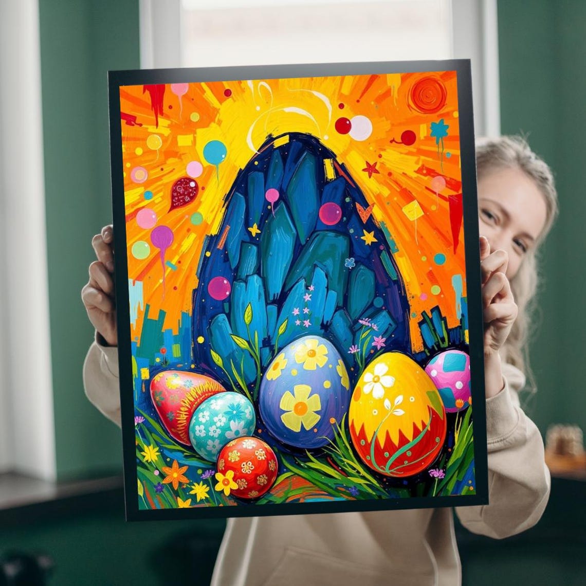 Colorful Easter Eggs Folk Art Spring Celebration Whimsical Art Poster