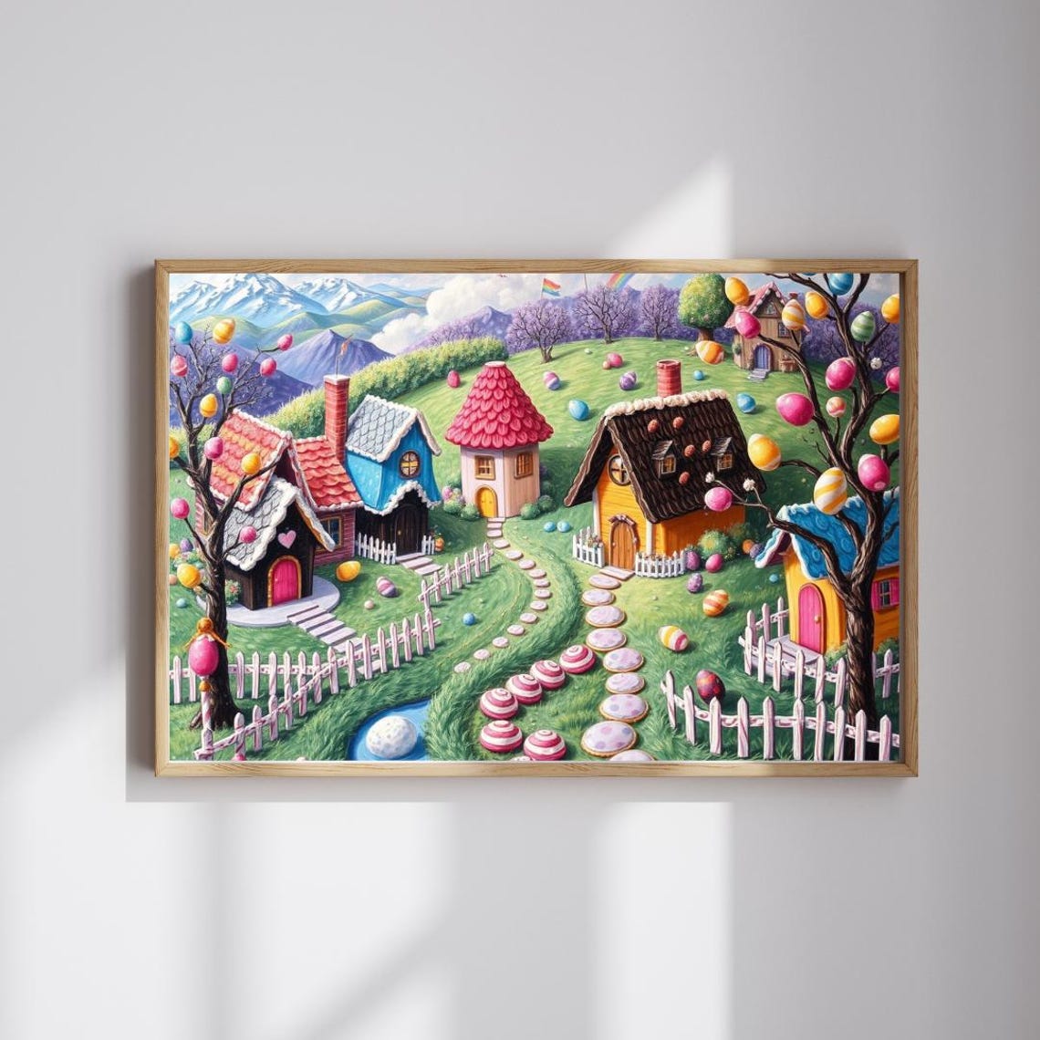 Candy Village Storybook Cottages Easter Eggs Mountains Poster Art