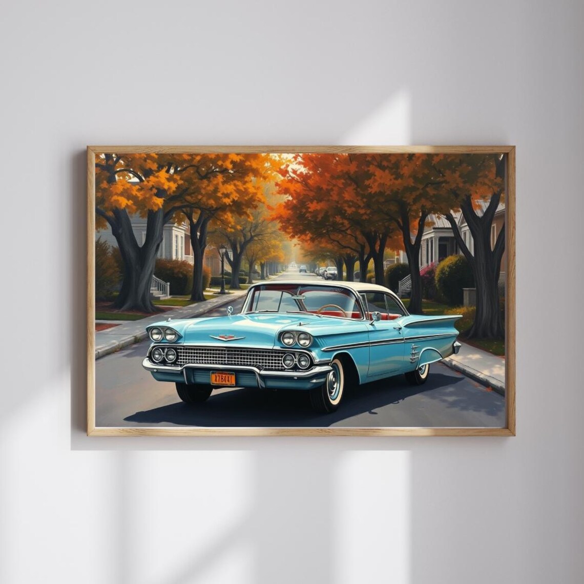1958 Chevrolet Impala Turquoise Autumn Street Classic Car Print