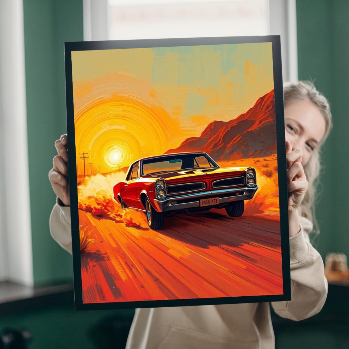 1966 Red Pontiac GTO Muscle Car Speeding Desert Sunset Road Poster