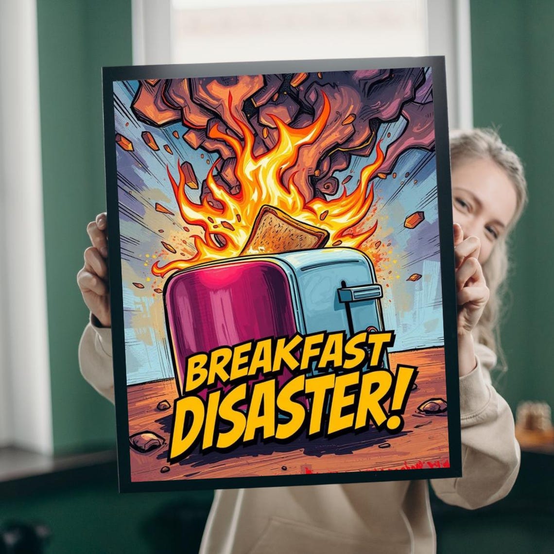 Breakfast Disaster Flaming Toaster Comic Pop Art Kitchen Poster