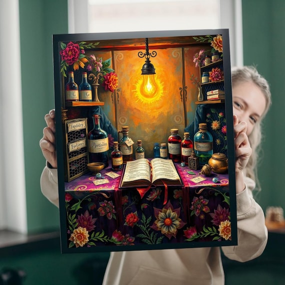 Wizard Apothecary Potion Lab Glowing Spell Book Fantasy Art Poster
