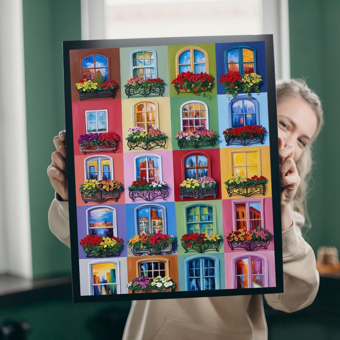 Colorful Painted Windows with Flower Boxes European Street Poster