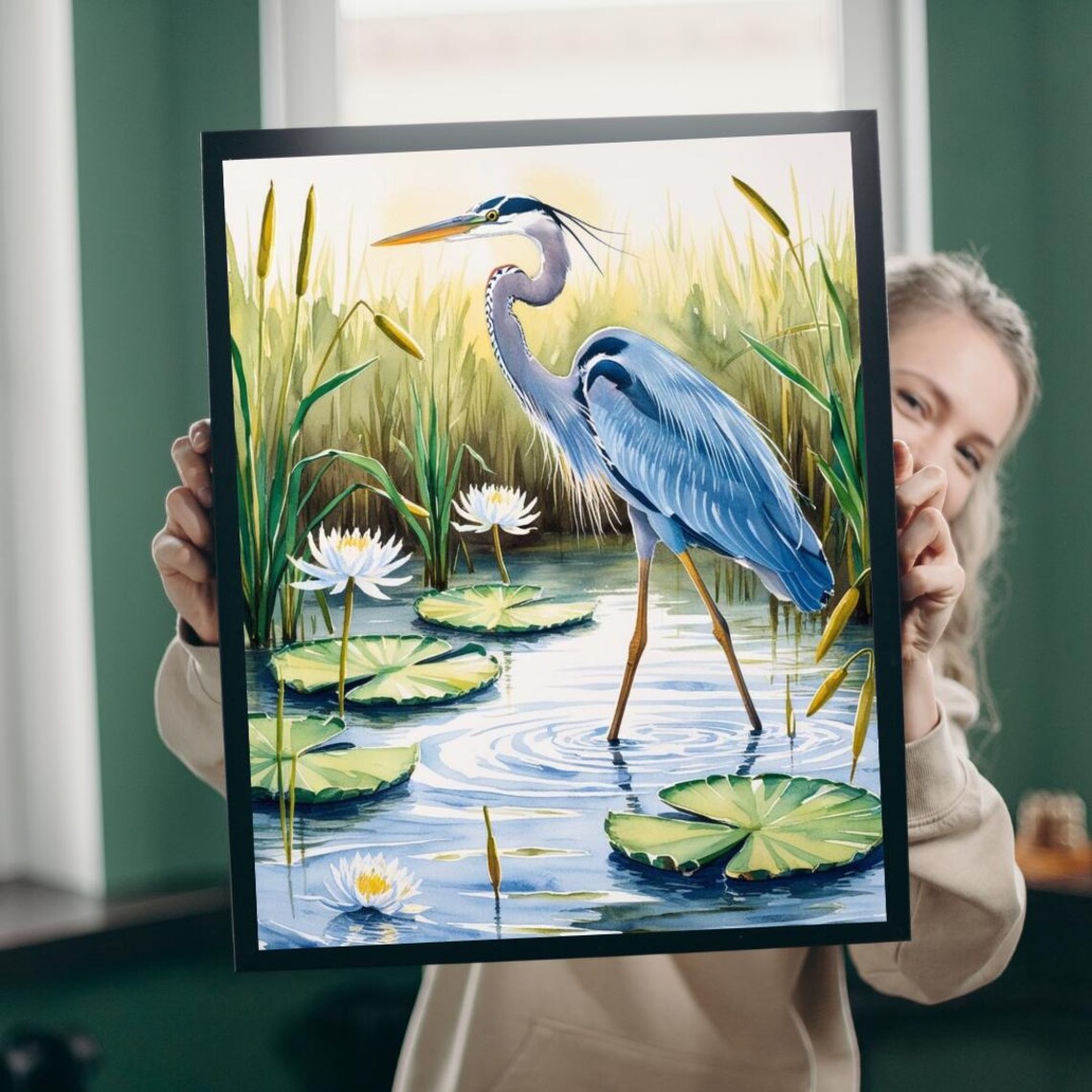 Heron Reflection Art Print, Shimmering Evening Light