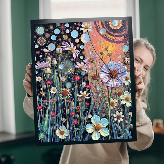 Colorful Daisy And Cosmos Wildflower Night Sky Floral Poster
