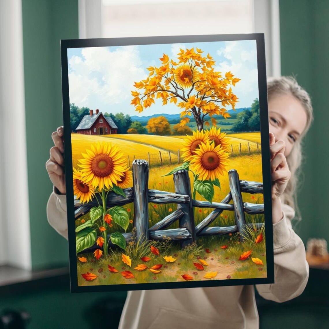 Sunflower Field Autumn Landscape, Poster Print