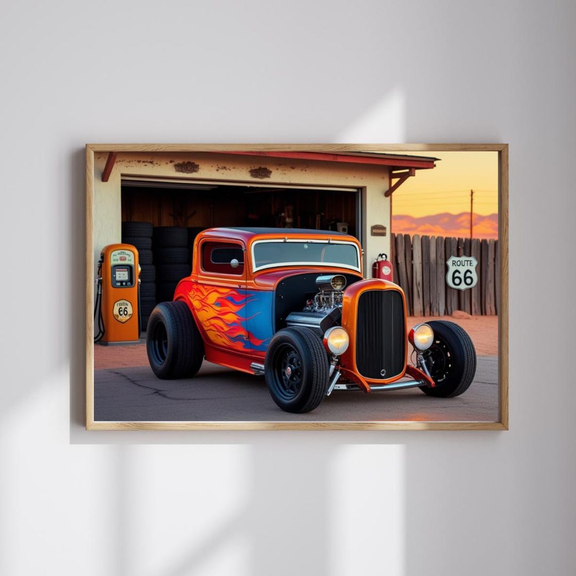 Classic Flame Painted Hot Rod At Route 66 Sunset Garage Poster