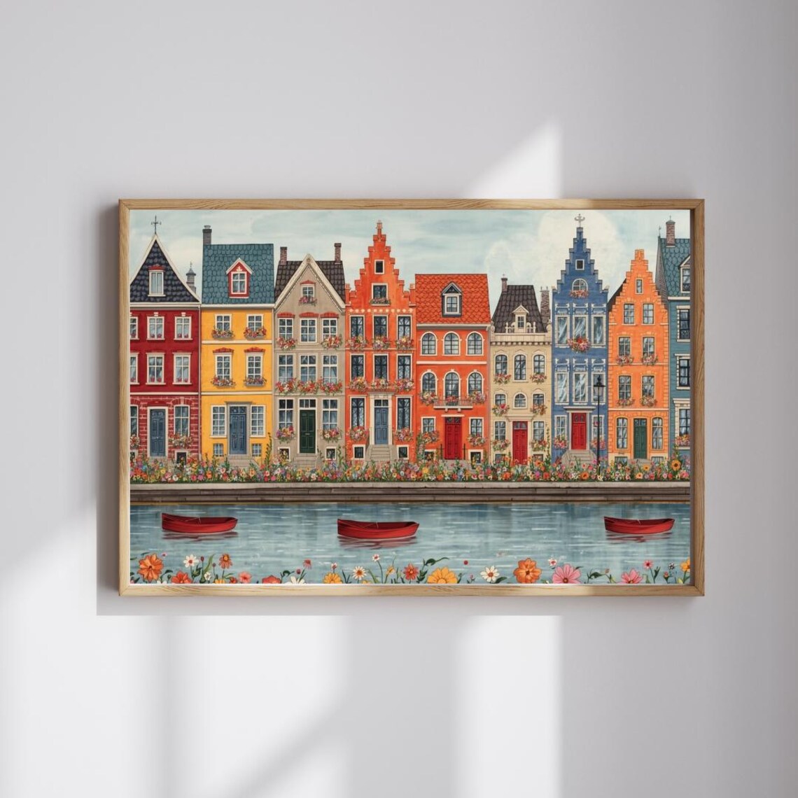 Canal Row Houses Colorful European Town Red Boats Floral Art Poster