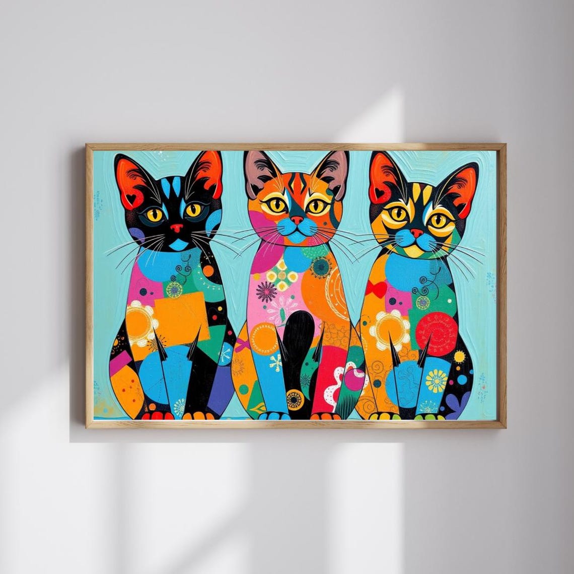 Three Patchwork Cats Colorful Folk Art Cat Lover Gift Poster