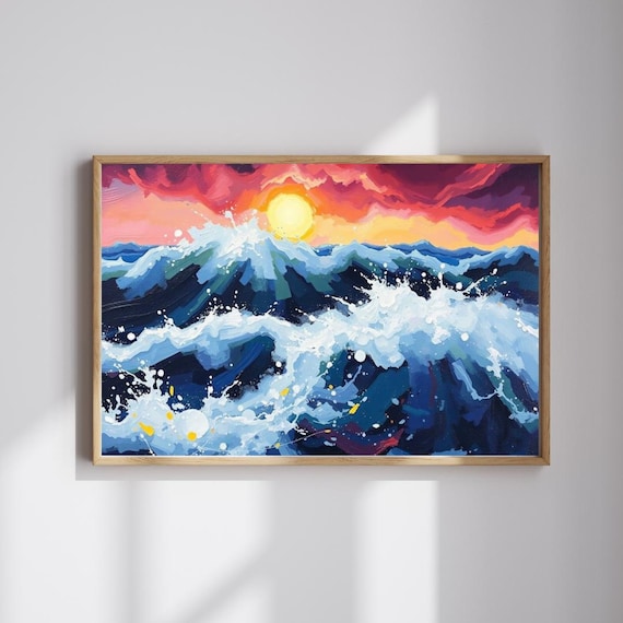 Sunset Ocean Waves Crashing Foam Colorful Seascape Painting Print
