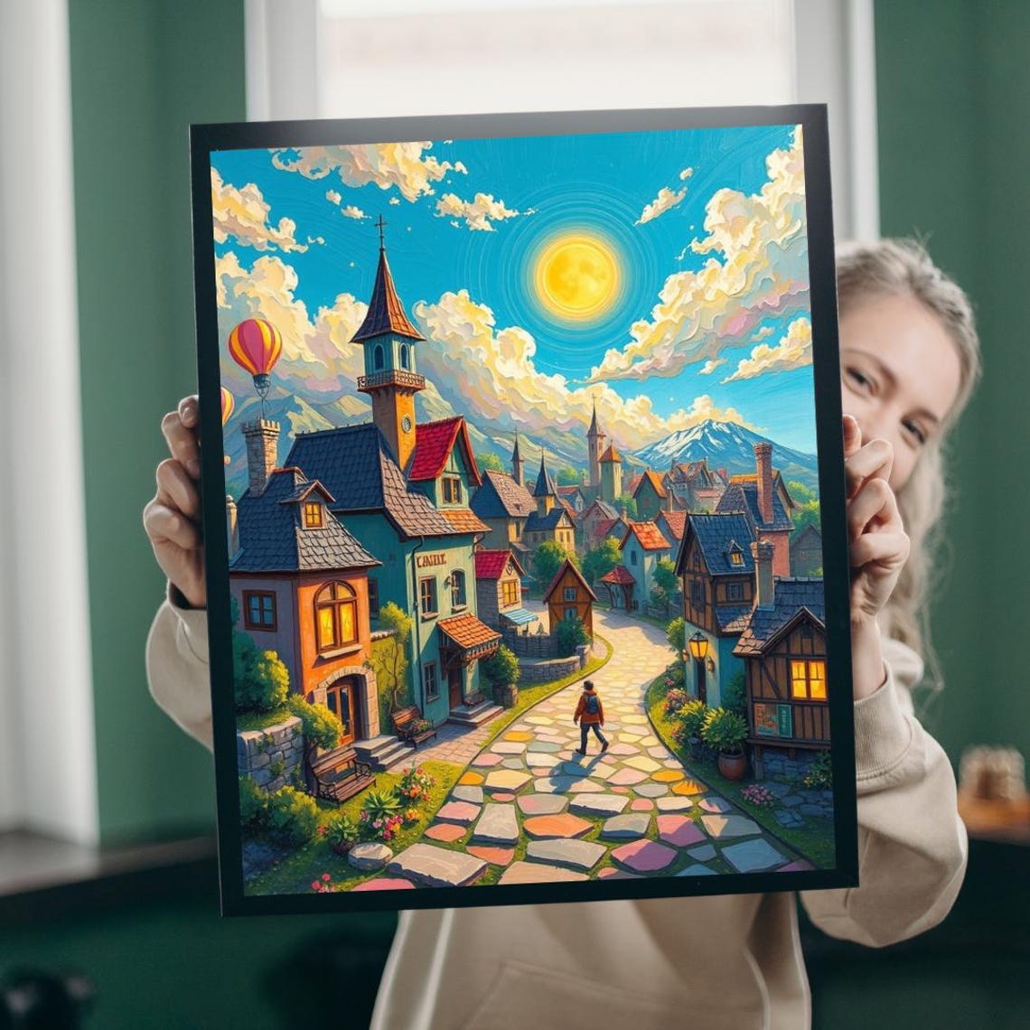 Whimsical Village Cobblestone Street Hot Air Balloon Fantasy Poster