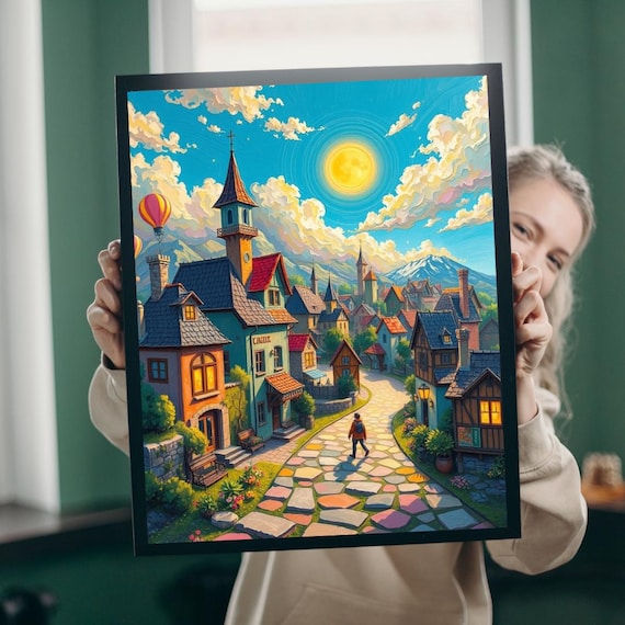 Whimsical Village Cobblestone Street Hot Air Balloon Fantasy Poster