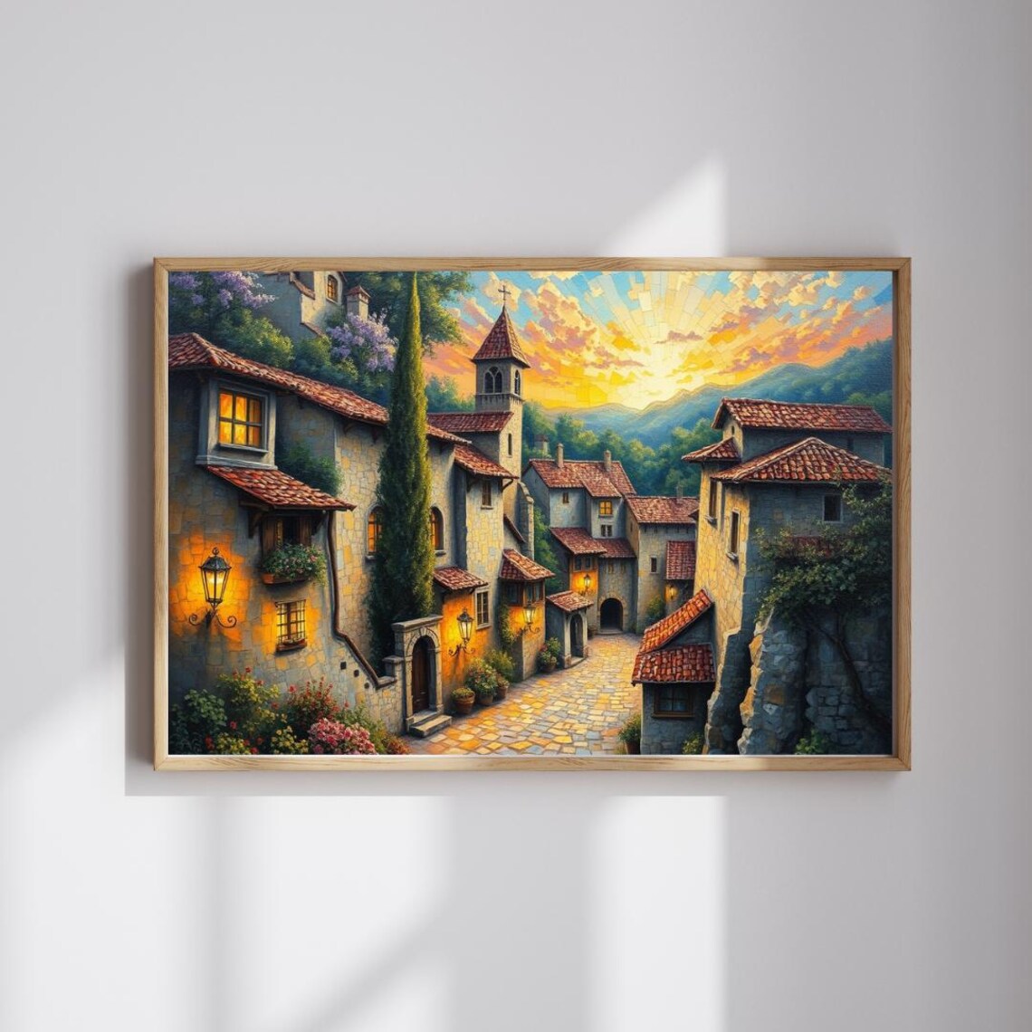 Medieval Village Sunset Mosaic Old Europe Jigsaw Puzzle Wall Art