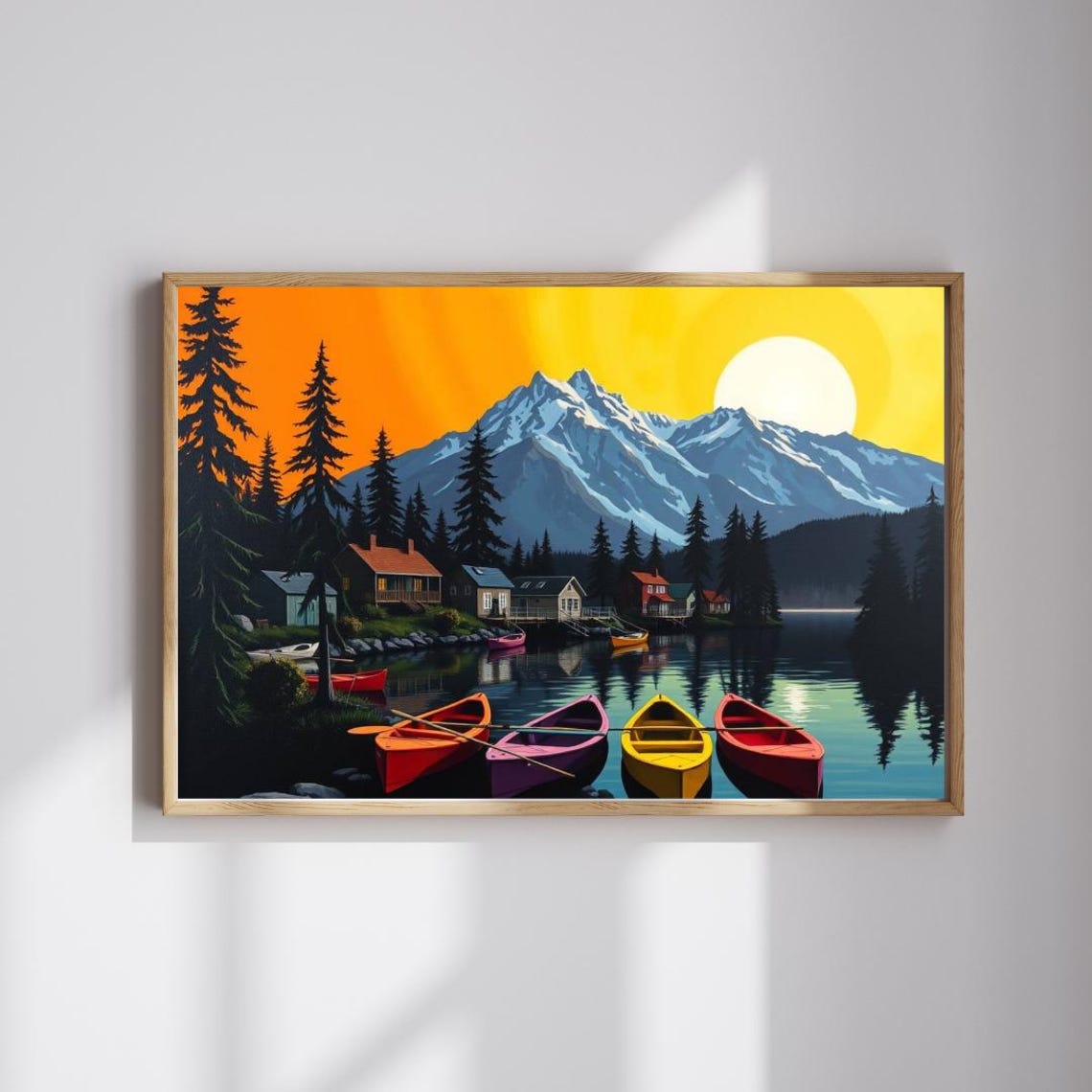 Banff Mountain Lake Colorful Canoes Sunset Scene Landscape Wall Art