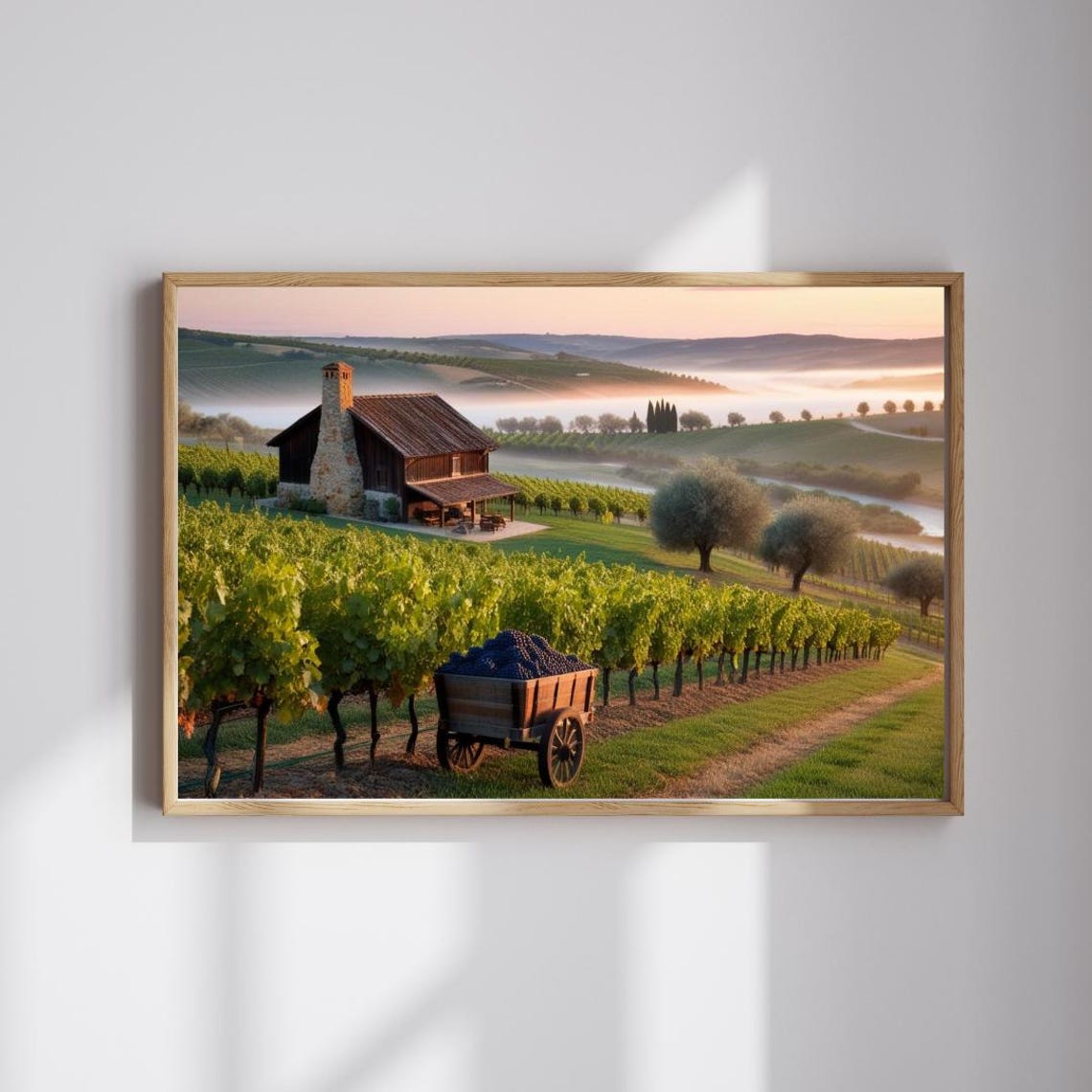 Grape Vineyard Sunrise Harvest Cart Farmhouse Landscape Puzzle Poster