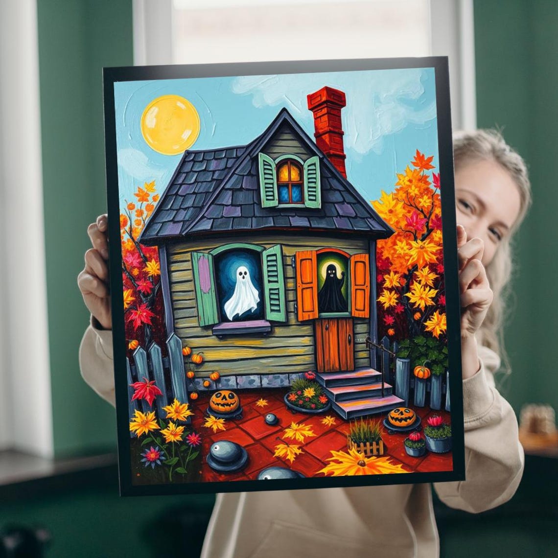 Spooky Cute Halloween House Ghosts Pumpkins Autumn Art Poster