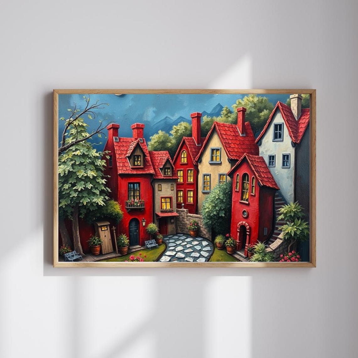 Whimsical Red Roof Cottages Cobblestone Village Night Scene Poster