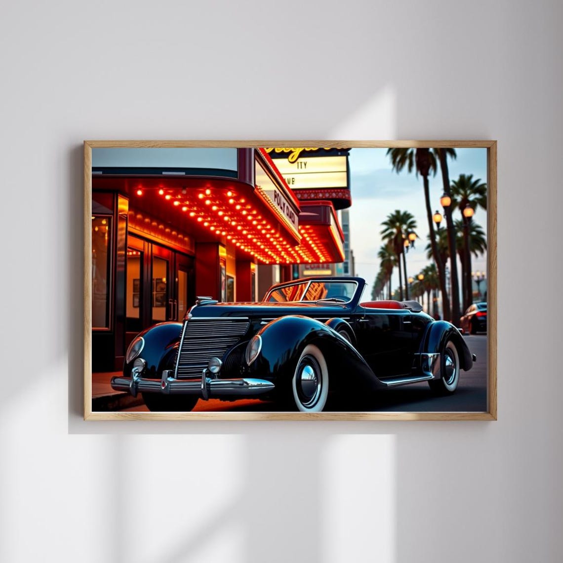 Black Vintage Convertible Lit Theater Marquee Evening Scene Poster