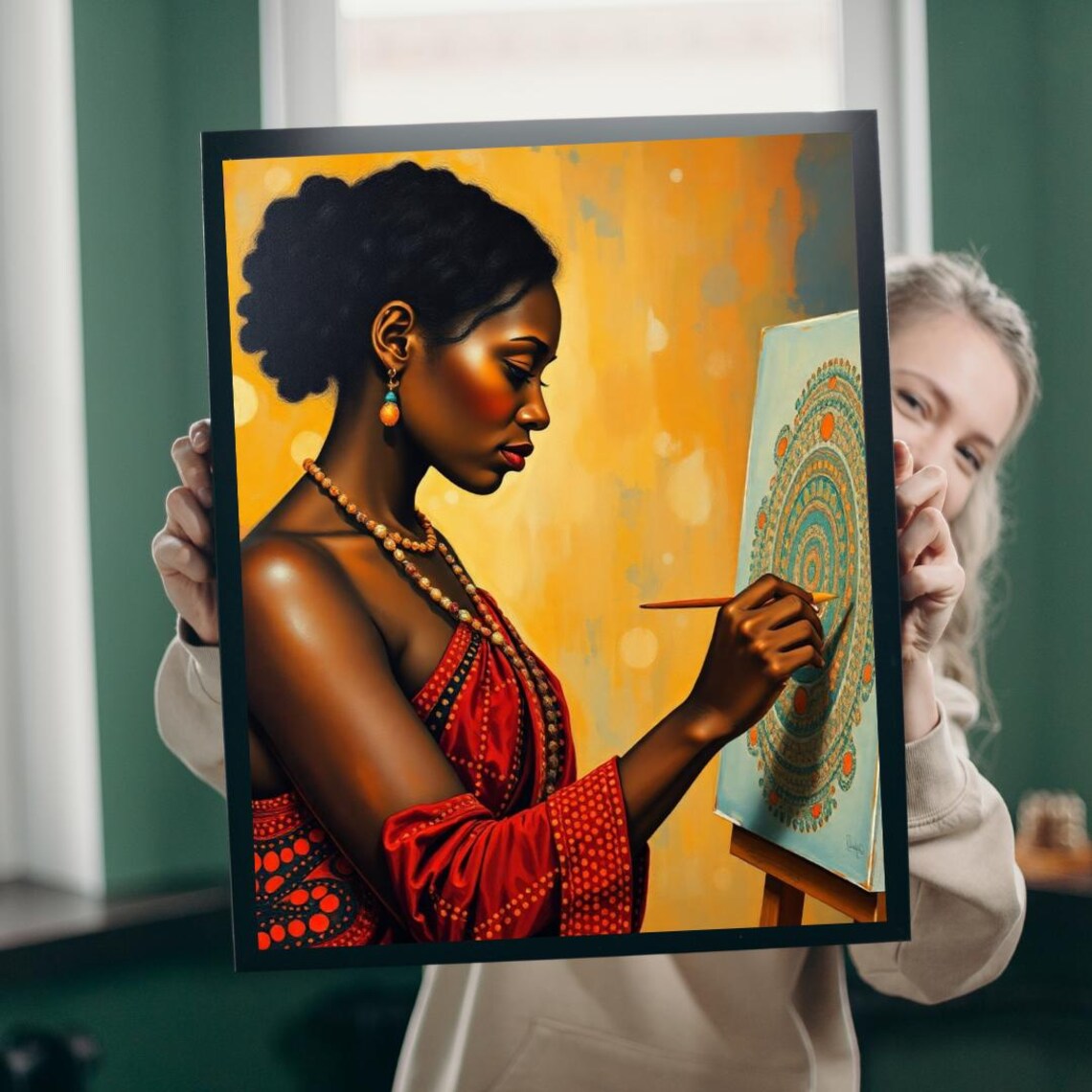 Woman Artist Painting Dot Mandala Golden Warm Portrait Art Poster