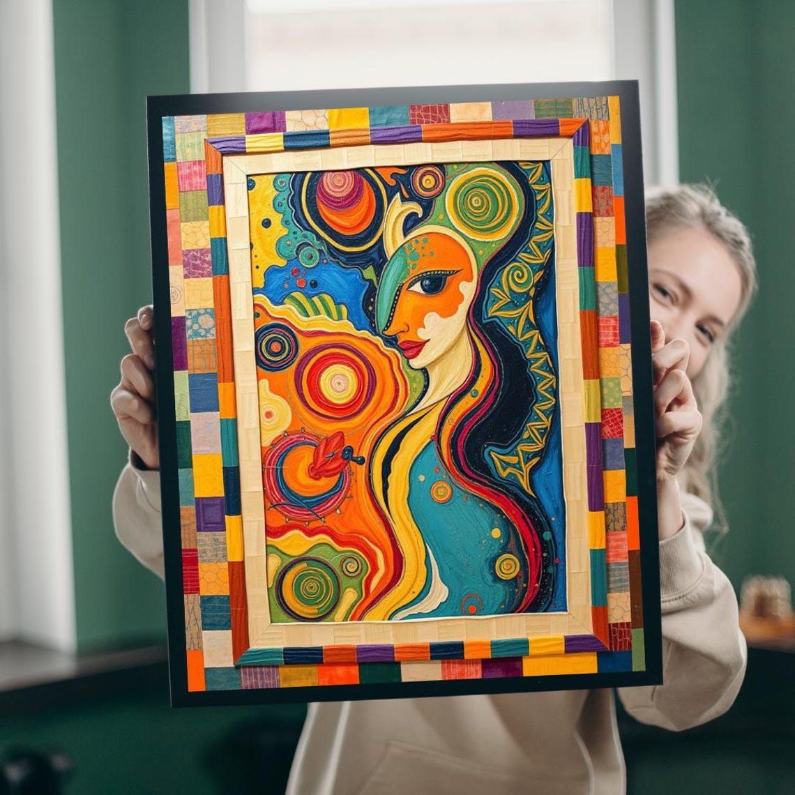 Psychedelic Woman Portrait Orange Blue Swirls Patchwork Art Poster