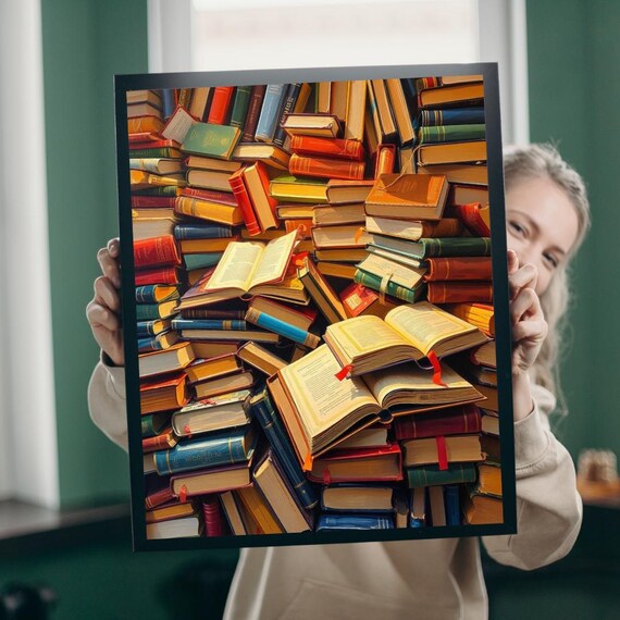 Vintage Book Stack Collage Cozy Home Library Reader Art Poster