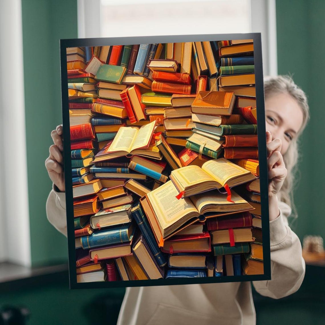 Vintage Book Stack Collage Cozy Home Library Reader Art Poster
