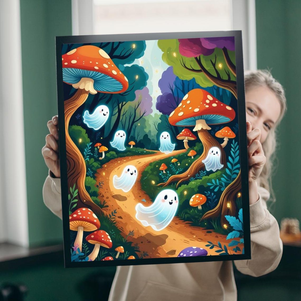 Cute Ghosts in Enchanted Mushroom Forest Halloween Night Poster