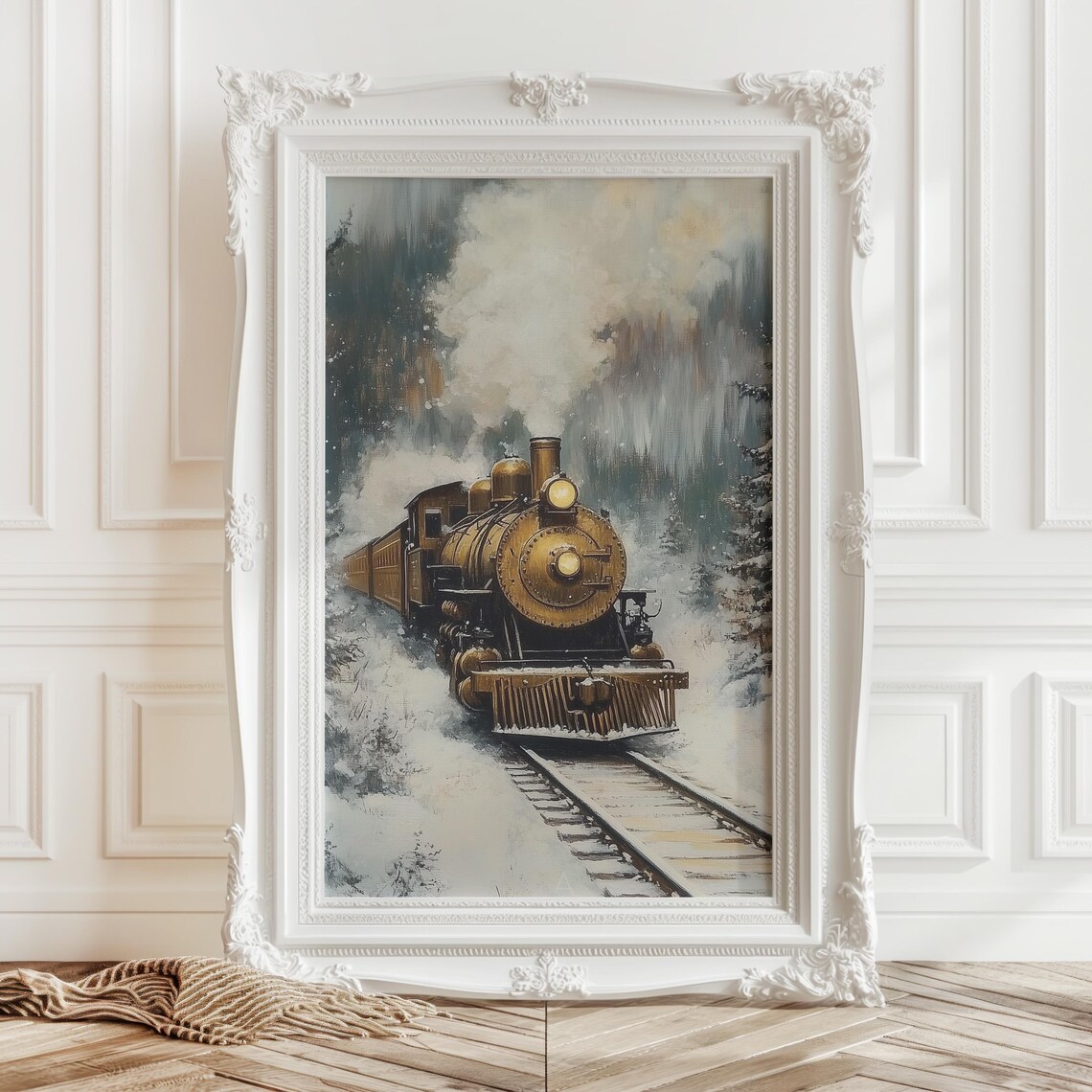 Golden Steam Train In Snowy Winter Railroad Landscape Poster