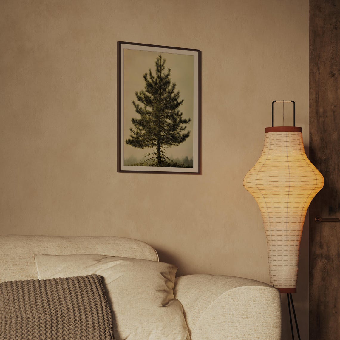 Lone Evergreen Pine Tree in Misty Fog Neutral Minimalist Nature Poster - Image 2
