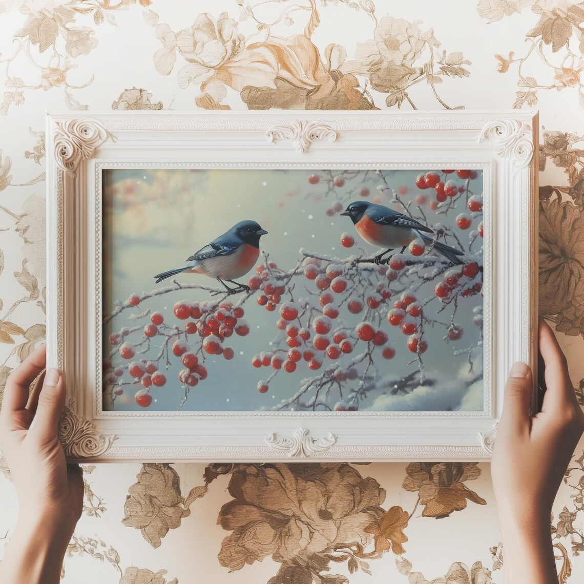 Winter Birds Red Berries Snowy Branch Songbird Holiday Art Poster