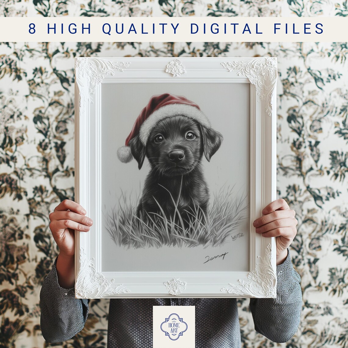 Cute Black Puppy Wearing Red Santa Hat Holiday Sketch Poster - Image 3