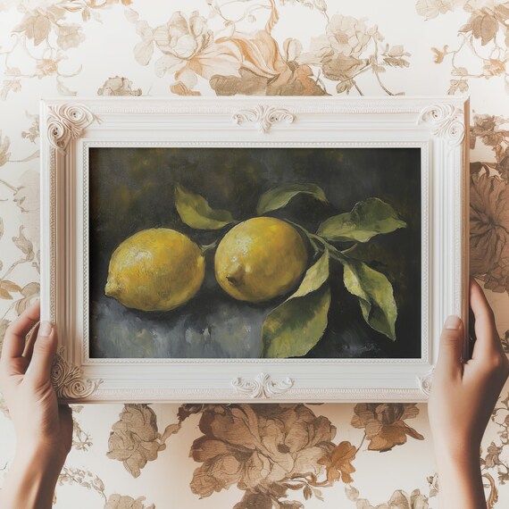 Vintage Lemon Print Still Life Fruit Painting Kitchen Decor Cottagecore Wall Art Rustic Farmhouse Artwork