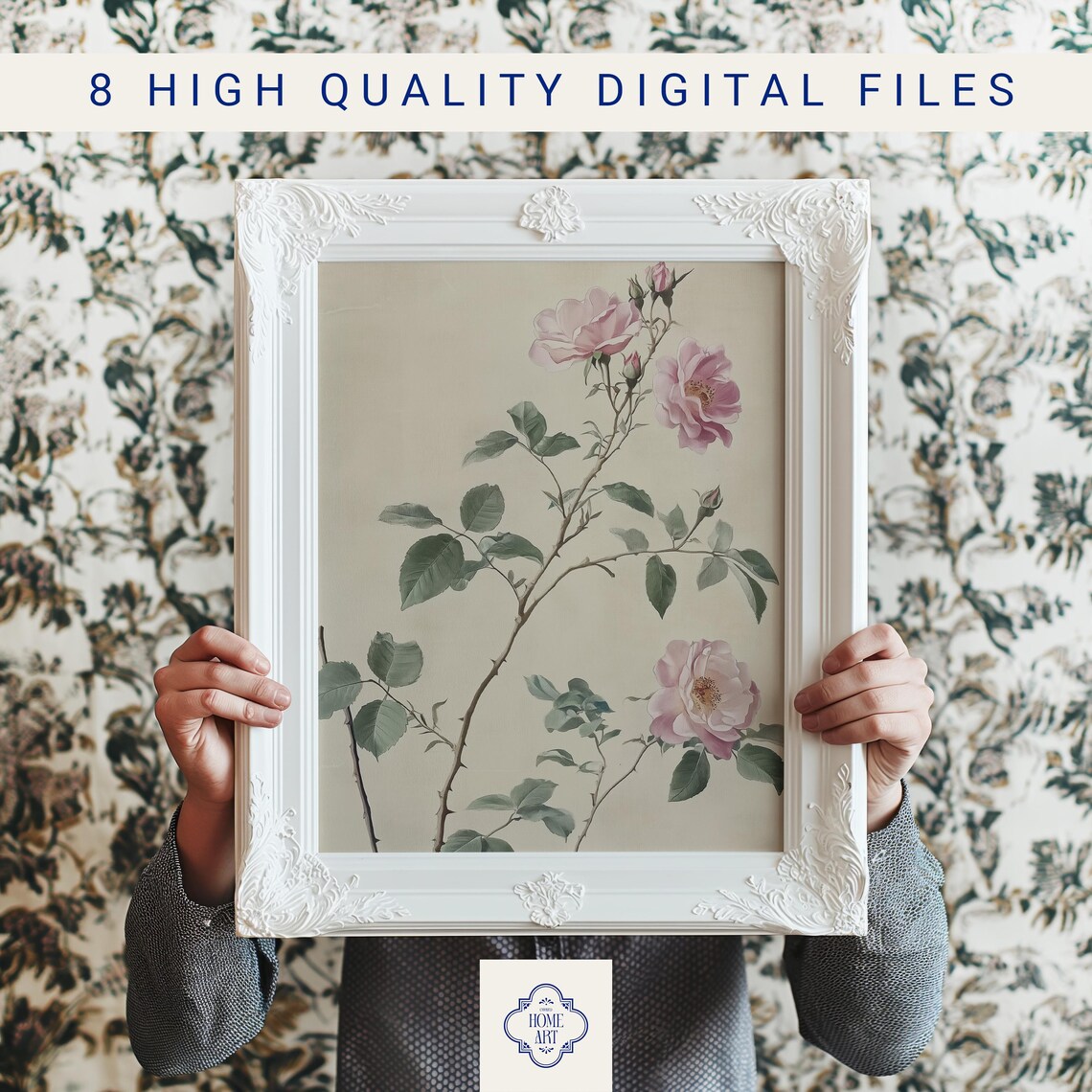 Climbing Pink Rose Branch Vintage Botanical Style Flower Wall Art - Image 3