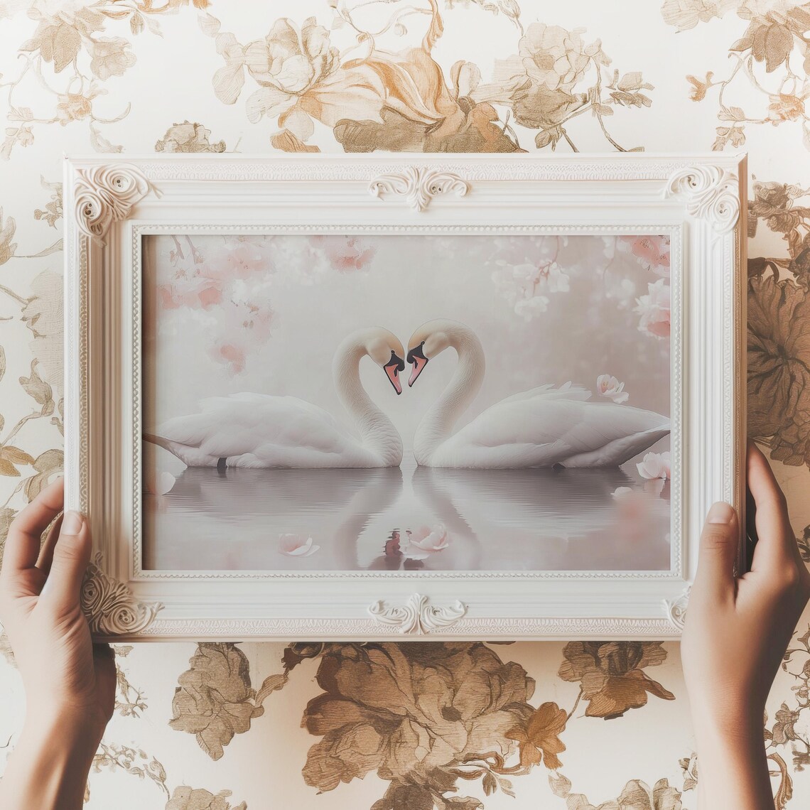 White Swans Heart Necks Romantic Valentine Lake Love Art Poster