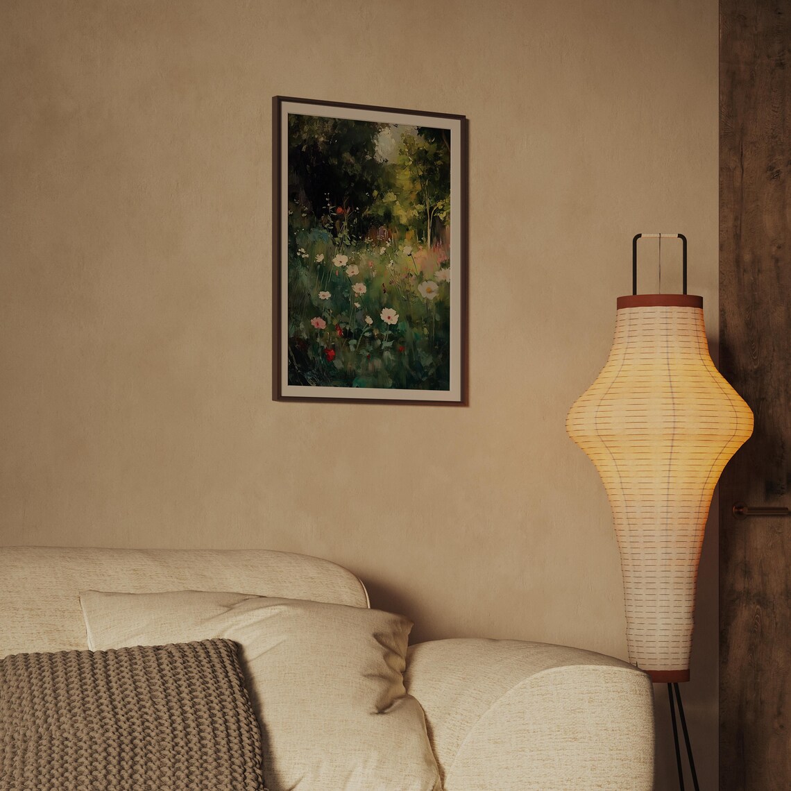 Wildflower Meadow Oil Painting with White and Pink Cosmos Flowers Print - Image 2
