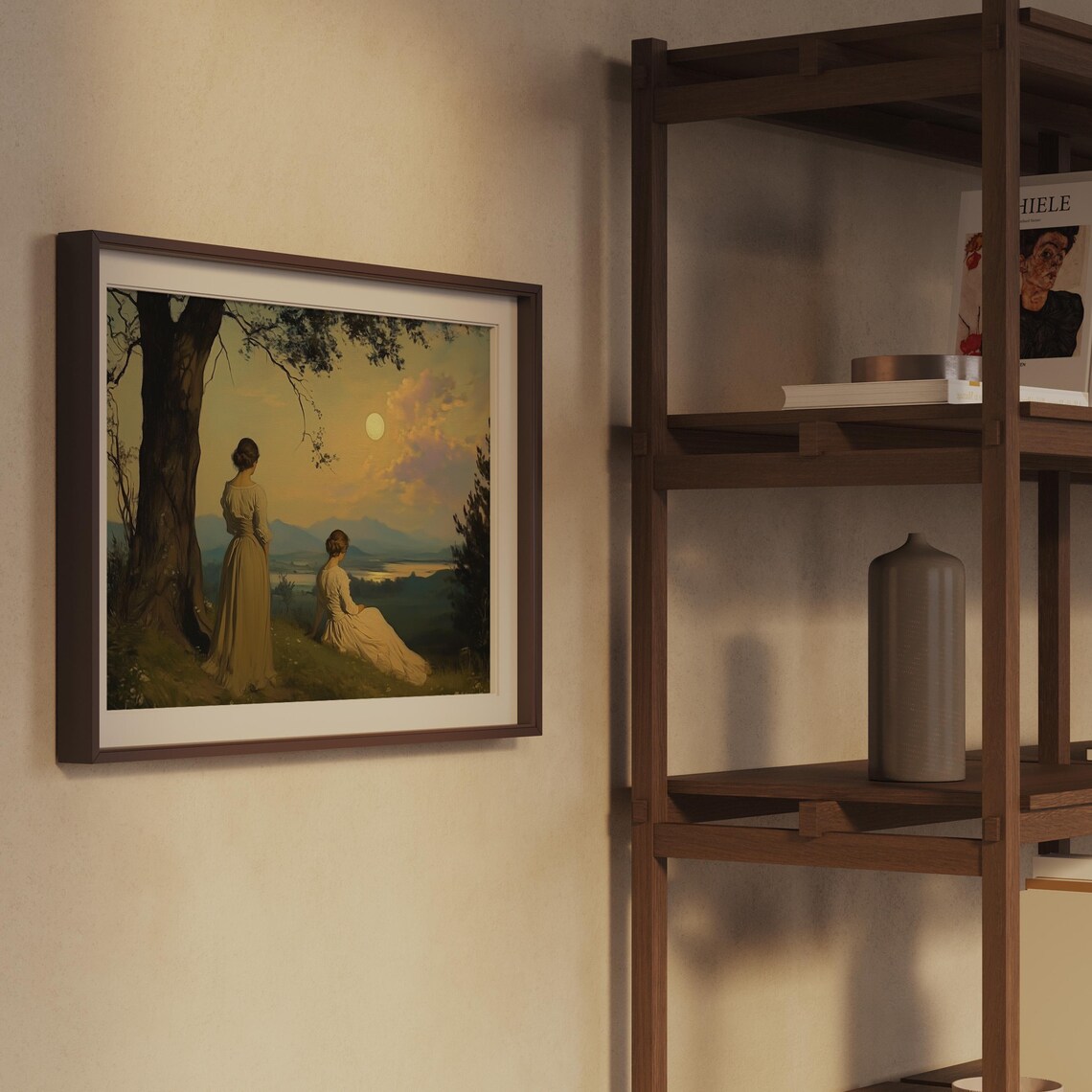 Two Women Moonrise Valley Vintage Romantic Night Landscape Wall Art - Image 2