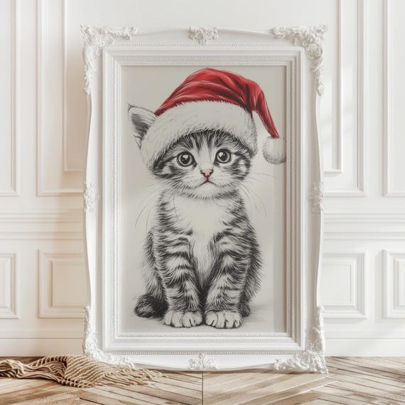 Kitten In Santa Hat Sketch Print Cute Baby Cat Drawing Art Funny Christmas Wall Decor Neutral Nursery Farmhouse Art