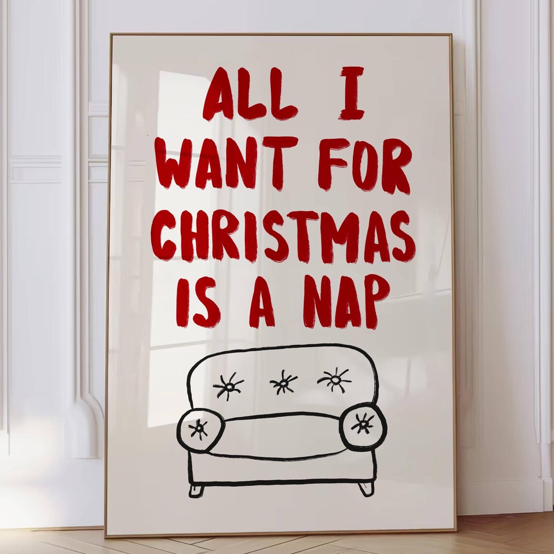 All I Want For Christmas Is A Nap Funny Red Holiday Poster with Couch