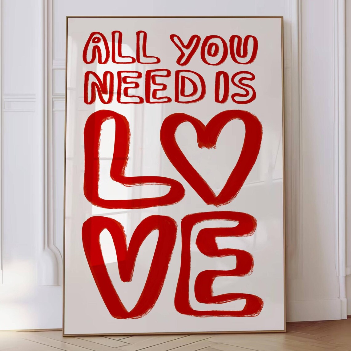 All You Need Is Love Red Brush Lettering Heart Shapes Quote Poster