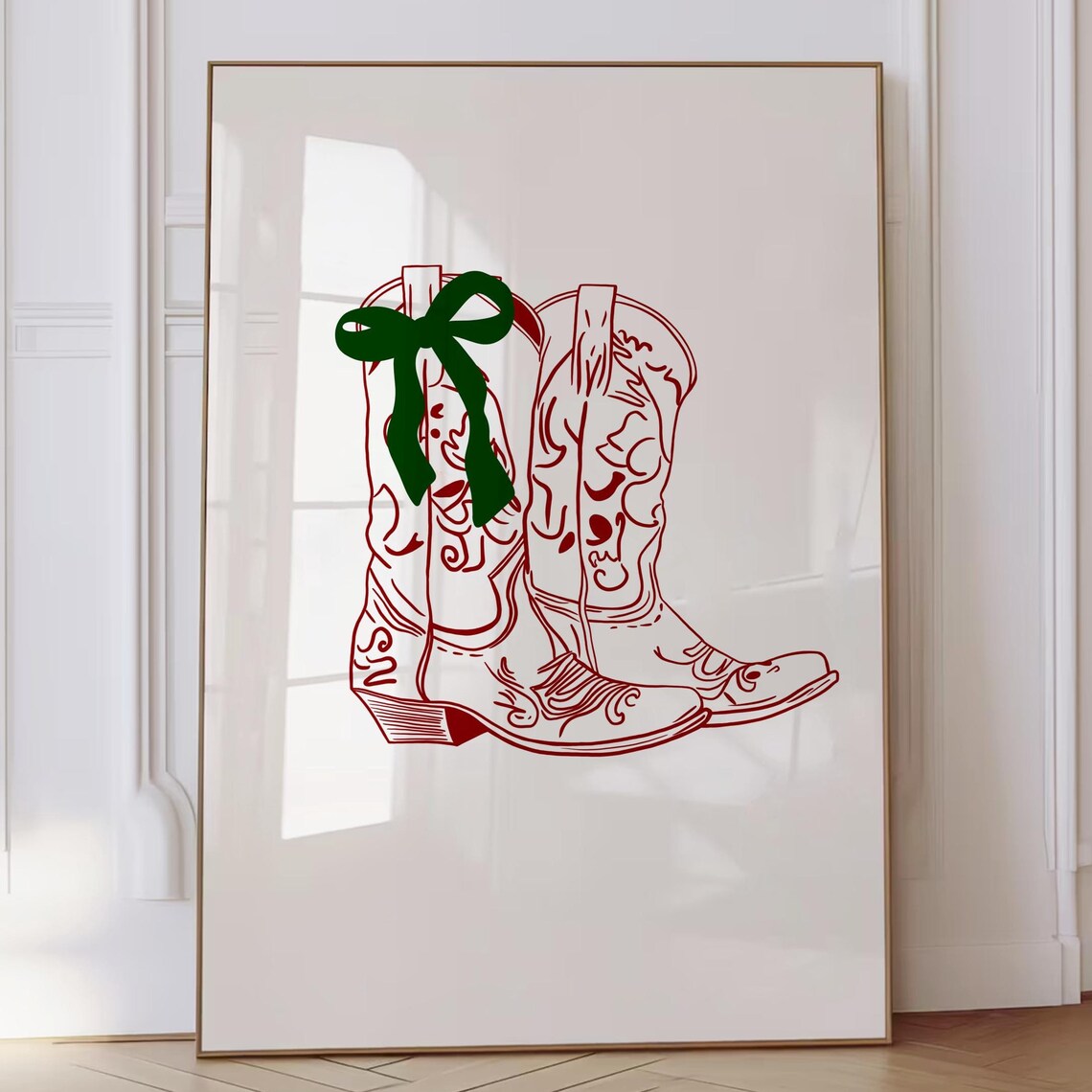 Red Cowboy Boots Green Bow Cowgirl Christmas Line Art Wall Poster