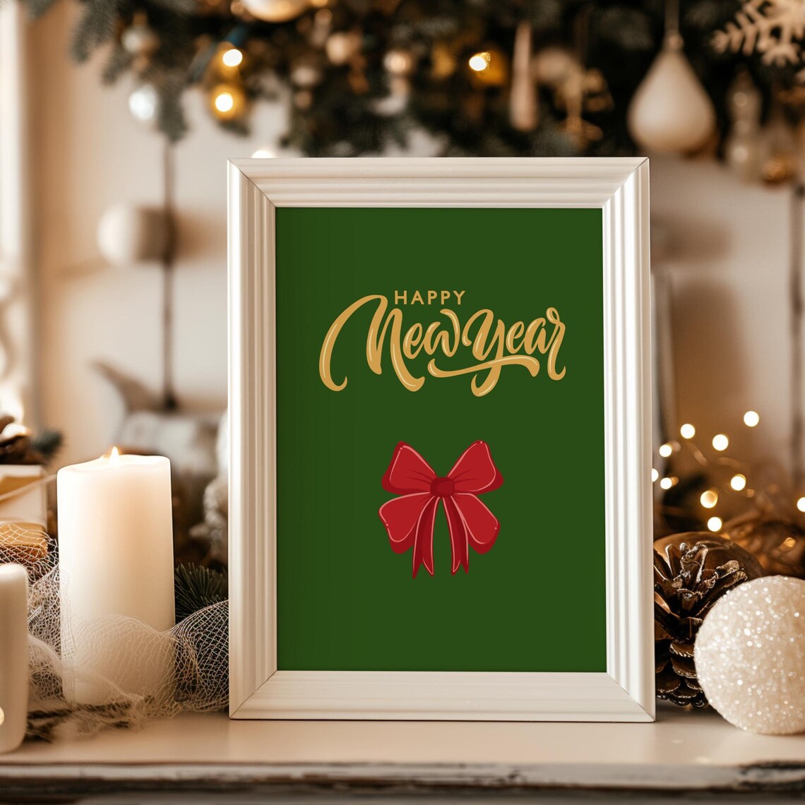 Happy New Year Gold Script On Green Festive Holiday Print Gift