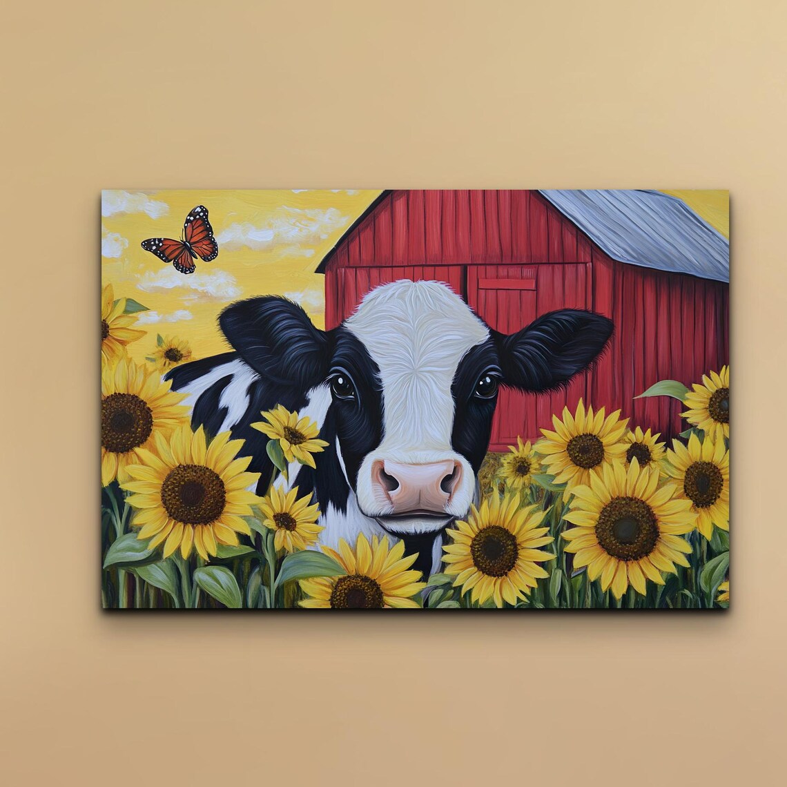 Black and White Cow Among Sunflowers Red Barn Country Poster