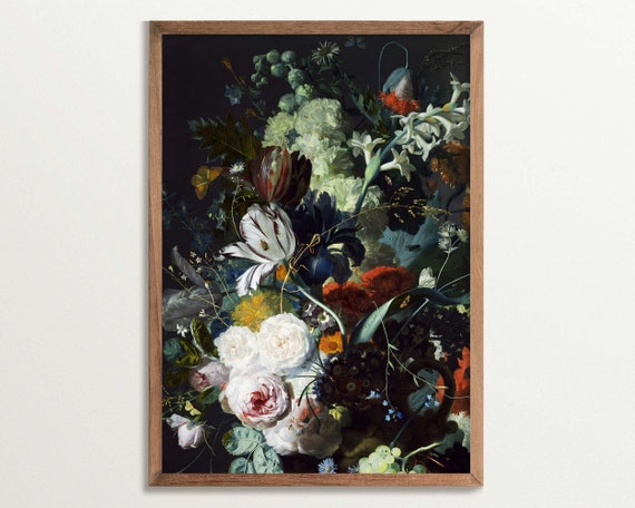 Moody Floral Print Baroque Still Life Black Botanical Wall Art Dark Flower Artwork Vintage Botanical Poster