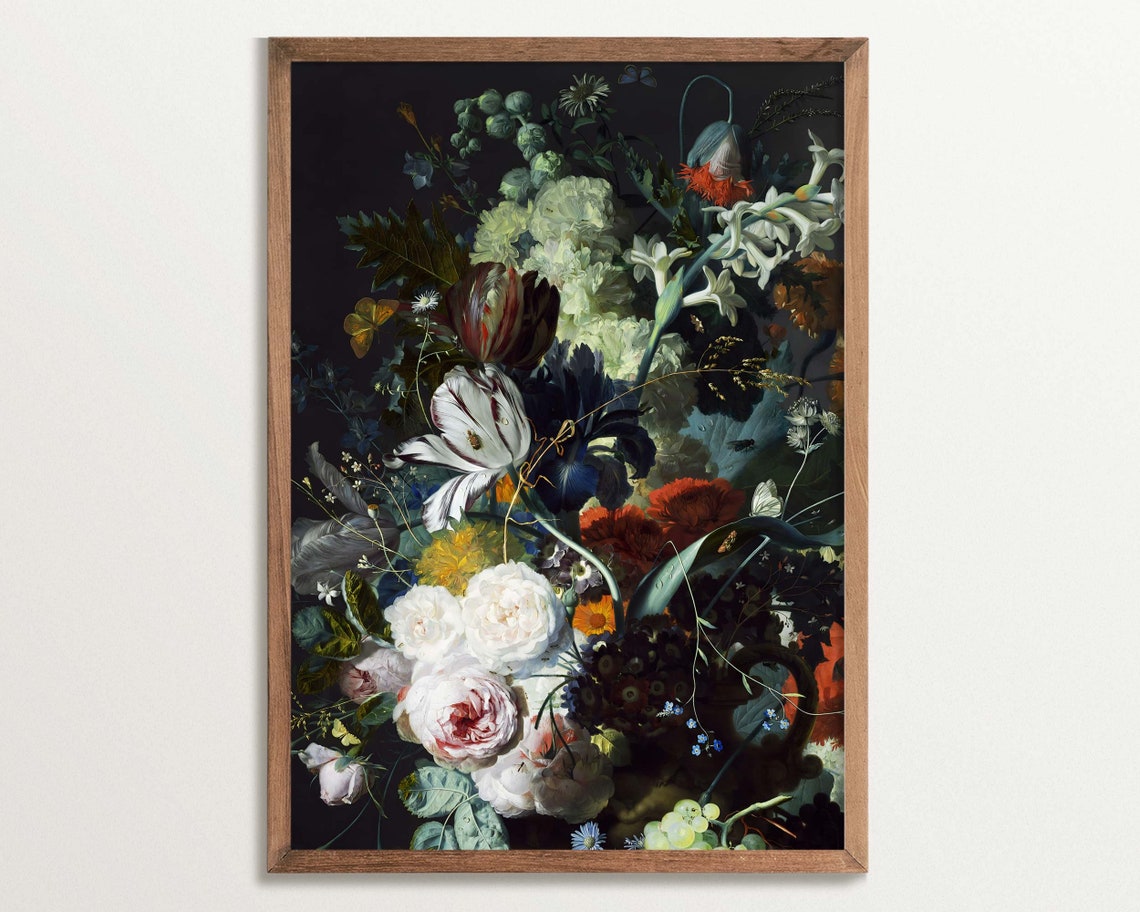 Moody Floral Print Baroque Still Life Black Botanical Wall Art Dark Flower Artwork Vintage Botanical Poster