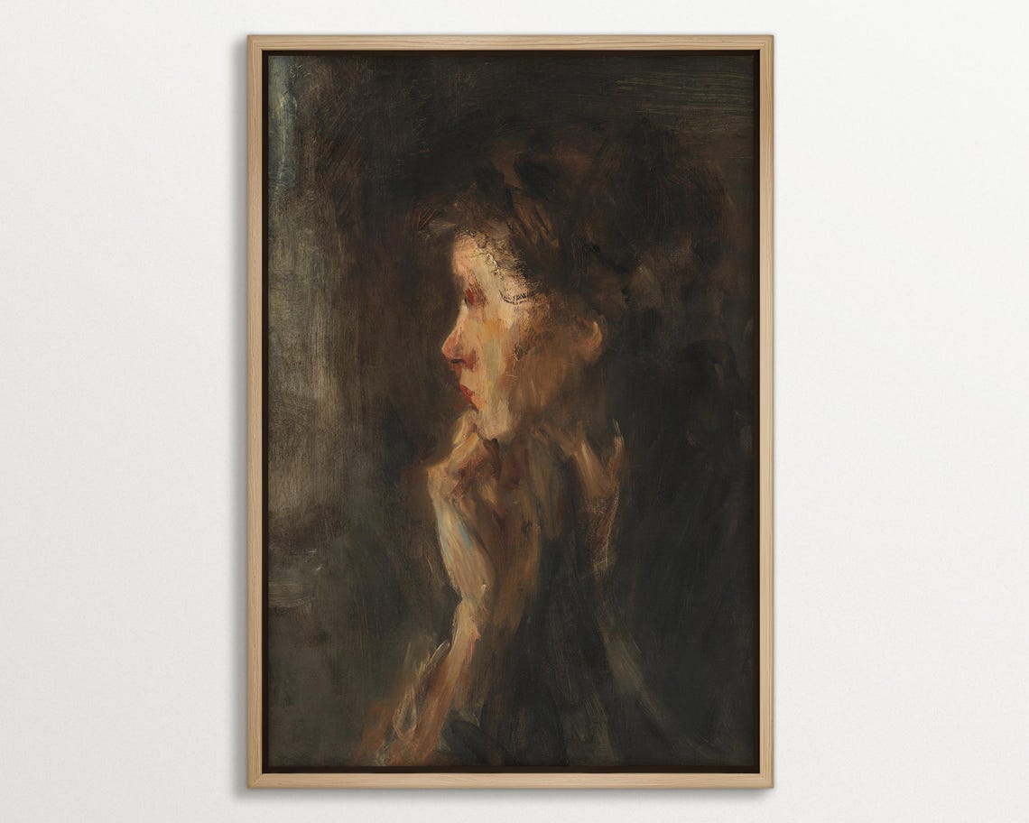 Moody Woman Portrait Art Print, Modern Antique Interiors