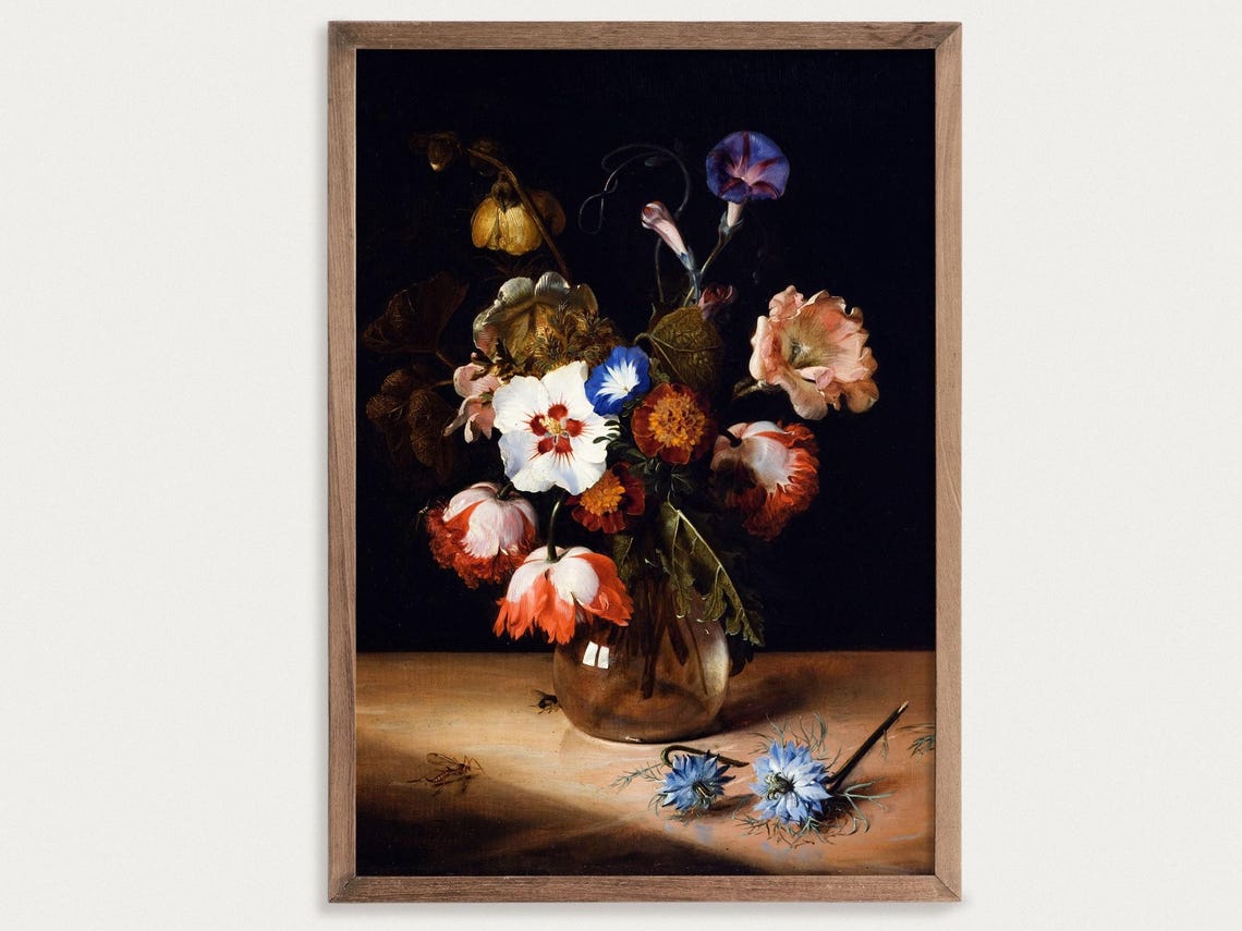 Dark Flower Print, Dutch Flower Painting Art Print