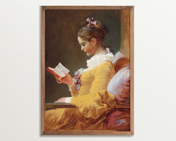Young Woman Reading in a Golden Yellow Rococo Gown Art Poster