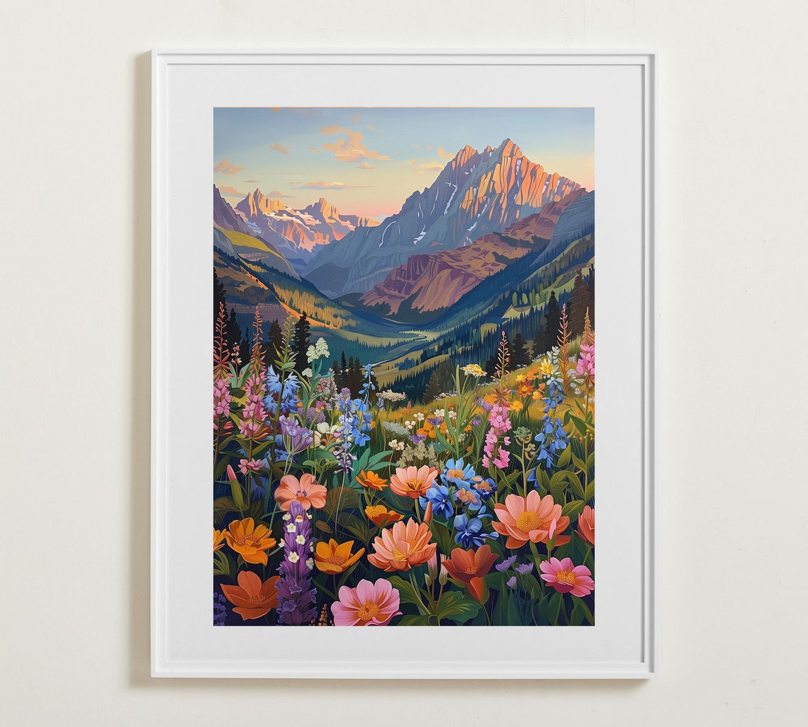 Sunset Over Mountain Peaks With Bright Wildflower Meadow Poster
